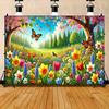 1 vibrant Spring Meadow Polyester party banner - hearty greenery and colorful flower design with butterflies and birds