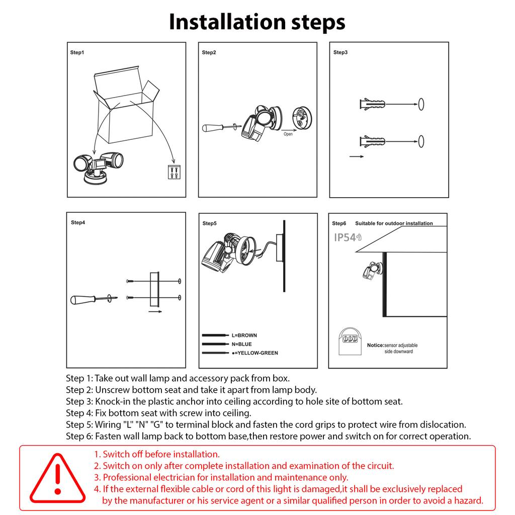 Motion Sensor Outdoor Lights 2-Head Wall Light with Infrared Induction LED Light IP65 Waterproof