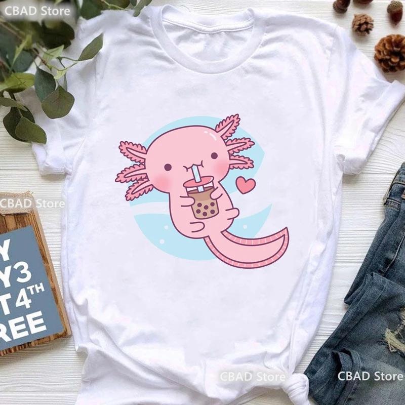 Футболка Axolotl, одежда унисекс, милая, кавайная, винтажная, y2k, футболка, женская, унисекс, Drink Bubble Tea, повседневная, с коротким рукавом, футболка