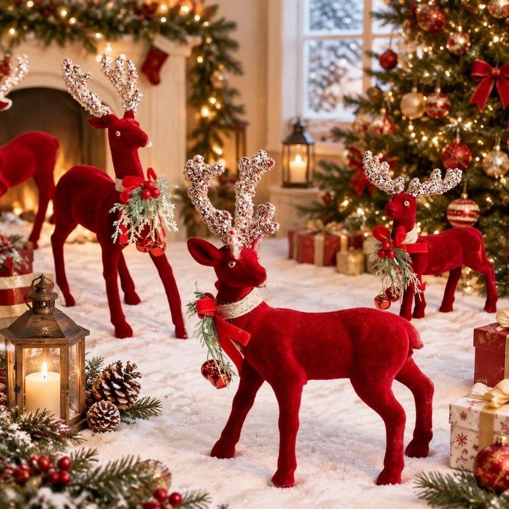 Shiny Antlers Christmas Elk Figurine Exquisite Glitter Bowknot Deer Office Desk
