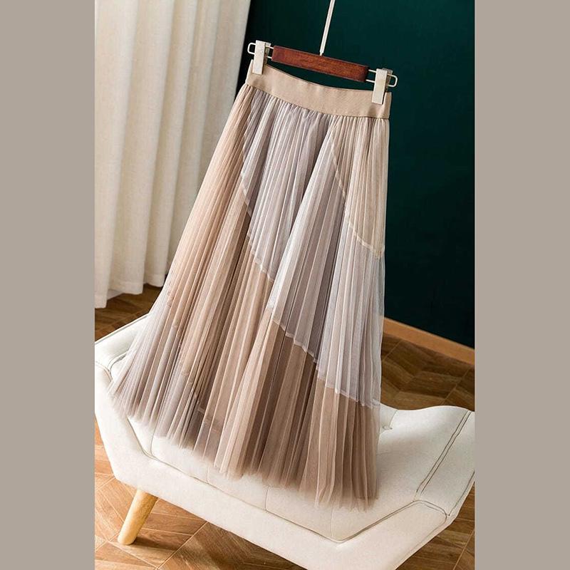 Плиссированная марлевая юбка с принтом, высокая талия, эластичная талия, юбка средней длины с большим подолом, кружевная юбка трапециевидной формы со спиральной цветной строчкой