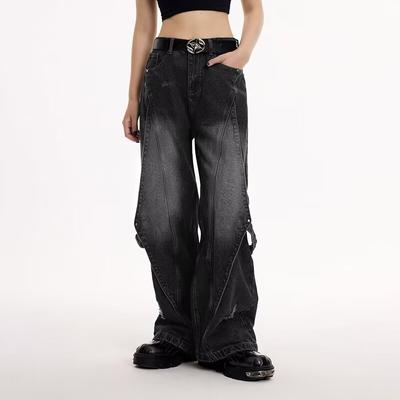 Американские винтажные прямые джинсы с высокой талией, женские черные брюки, повседневные мешковатые брюки Y2K, широкие брюки в стиле гранж, джинсовые брюки в уличном стиле
