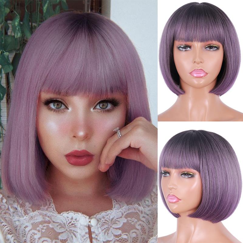 MERISIHAIR Женский серый фиолетовый короткий парик боб с челкой до плеч, градиентный черный фиолетовый парик из синтетического волокна для женщин