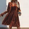 Spring Fall Women Dress Golden Velvet V Neck Pleated Patchwork Long Sleeves A-line Solid Color Knee Length Dating Shopping Midi Dress