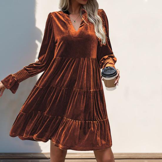 Spring Fall Women Dress Golden Velvet V Neck Pleated Patchwork Long Sleeves A-line Solid Color Knee Length Dating Shopping Midi Dress