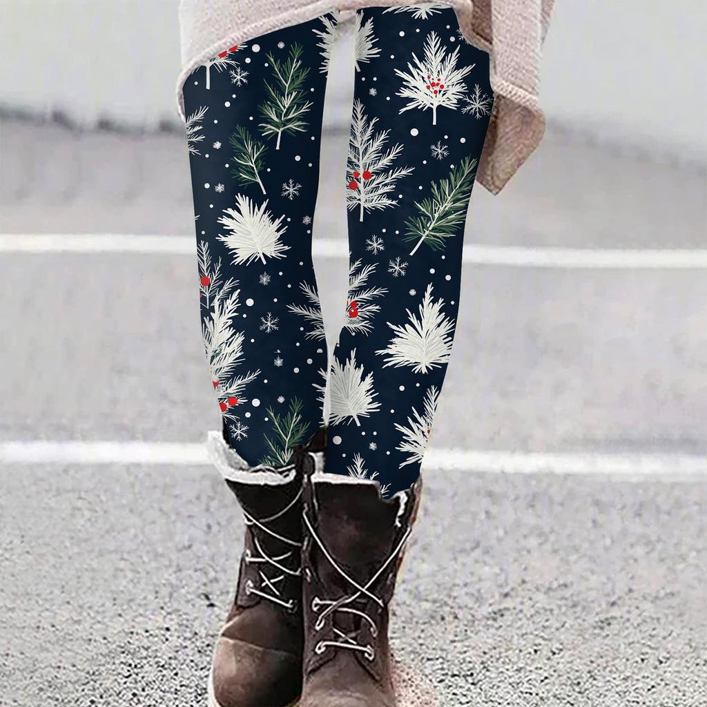 Women's Casual Christmas Tree Snowflake Print Slim Fit Elastic Yoga Pants Cropped Pants