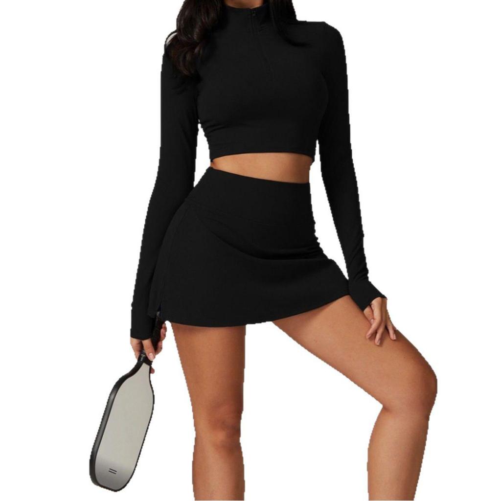 Женский костюм для йоги высокой интенсивности, быстросохнущий: Топ с длинным рукавом на молнии и юбка для бега