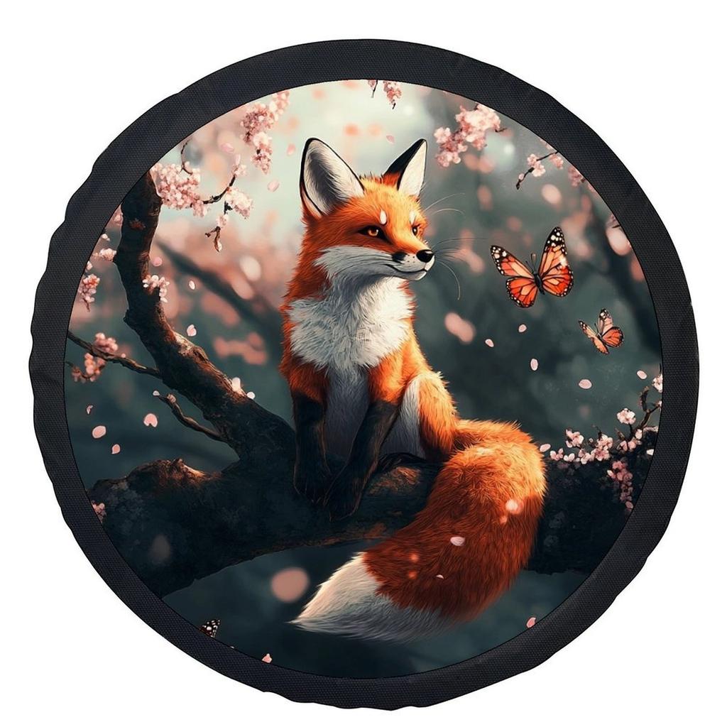 1pc Fox In Cherry Blossoms Themed Tire Cover Wheel Cover, Trendy Universal Wheel Cover Tire Cover Wheel Protection Cover, Suitab