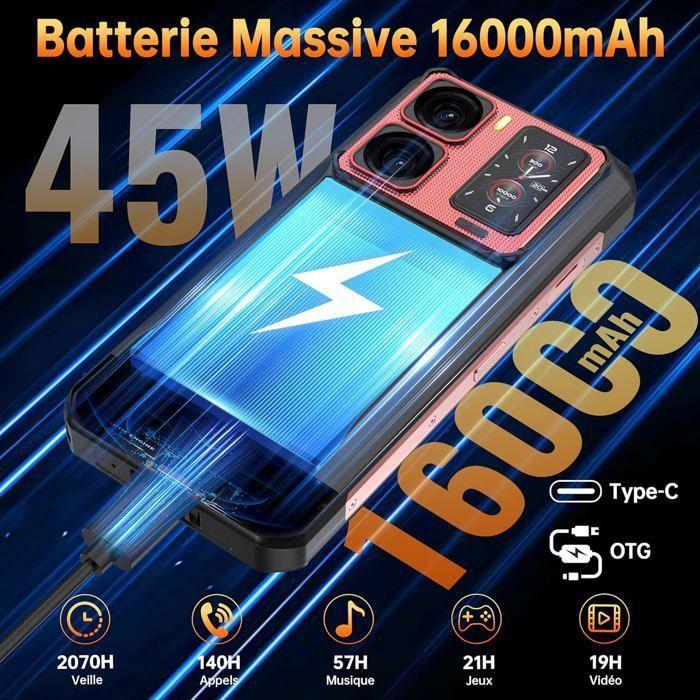 Smartphone Robuste 5G OUKITEL WP300 36Go+512Go 6.8" 16000mAh 108MP Telephone Portable Incassable Montre Connectée Dual SIM/NFC Noir