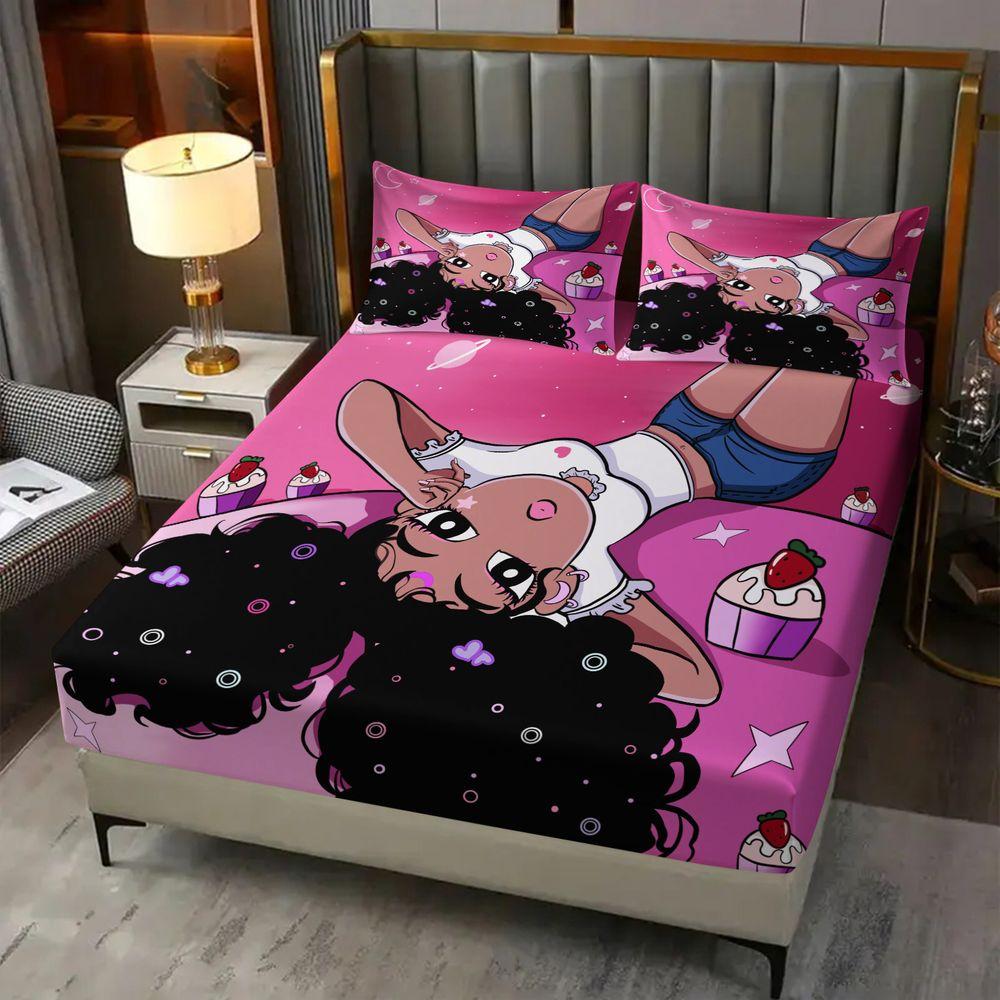 3Pcs Anime Strawberry Girl Bedding Set (1 Fitted Sheet + 2 Pillowcases) Soft Aesthetic Bed Sheets Set for Girls Bedroom