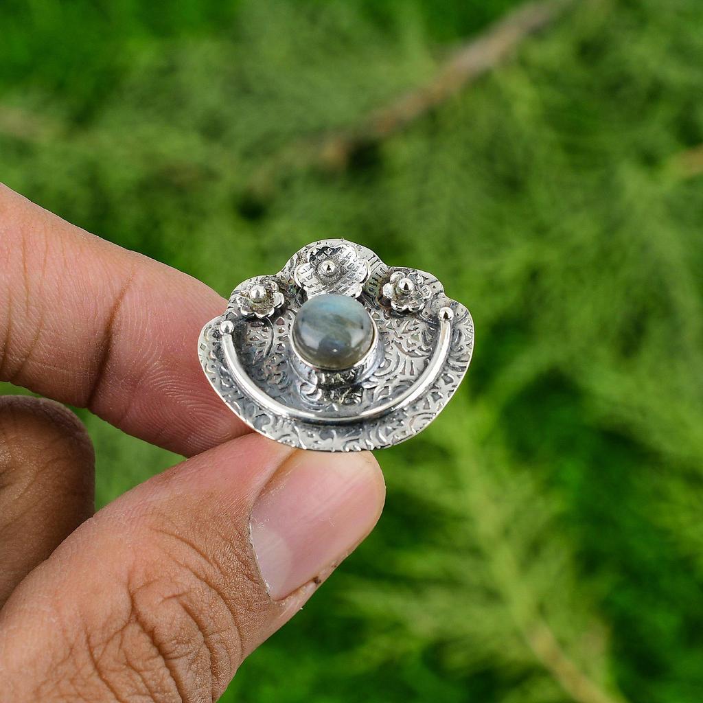 Natural Labradorite Solitaire Flower Adjustable Ring 925 Silver For Women