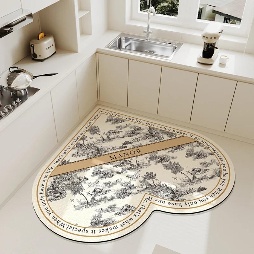 Creative Beige Heart Pattern Kitchen Floor Mat Cream Style Irregular Decoration Home Carpet Easy To Clean Easy Care PVC Foot Mat