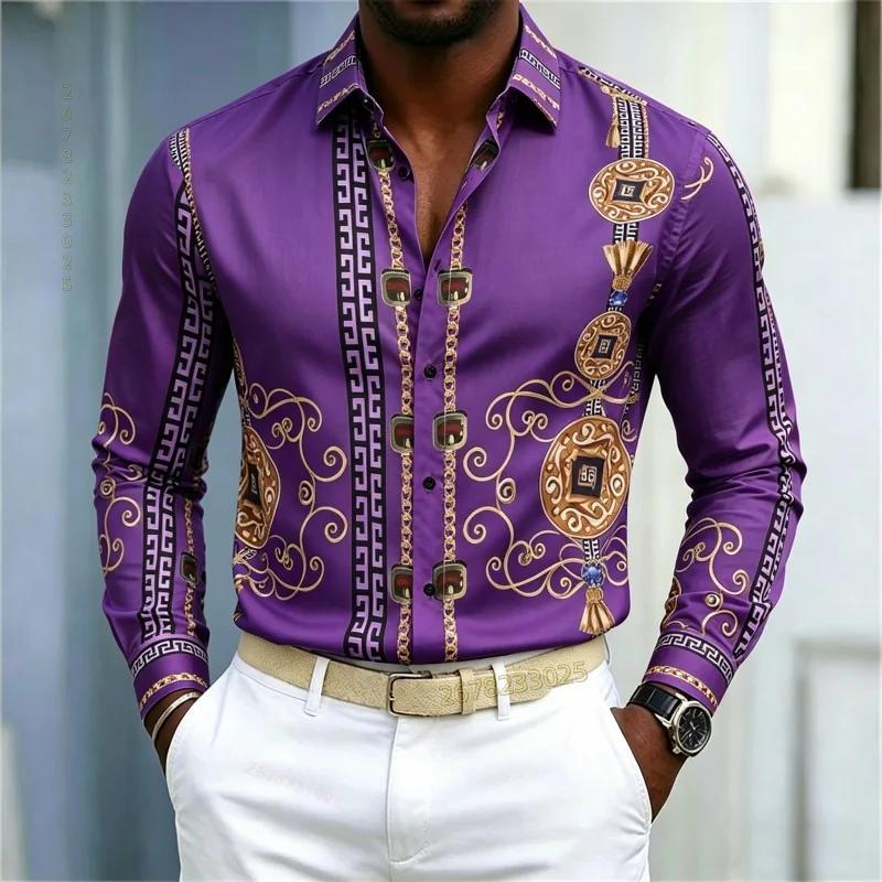 Luxury Ornate Patterned Long Sleeve Shirt, Stylish Formal-Casual Wear For Men
