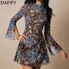 Women's Fashion Spring Fall Flower Pattern Print Long Sleeve Half Turtleneck High Waist Casual Dresses