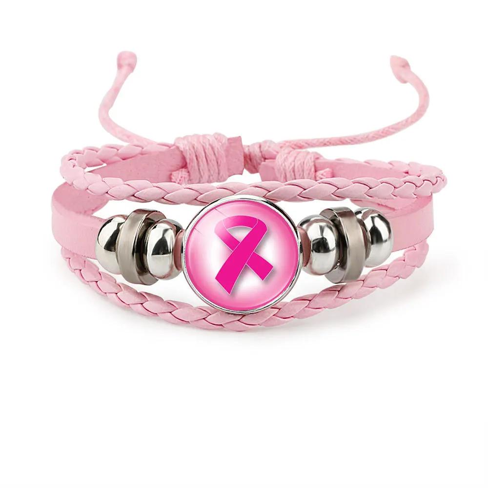 Pink Ribbon Charm Bracelet For Women Braided Leather Rope Bangle Girls Breast Cancer Awareness Hope Jewelry Accessories