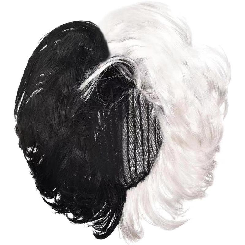 Черно-белый костюм ведьмы в стиле Круэллы: Накидка-шаль, Парик далматинца, Перчатки, Ожерелье, Вечернее платье.