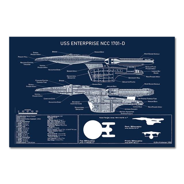 USS Enterprise NCC-1701-D Чертежи Плакаты и принты Космический корабль Звездного Флота Комната для мальчиков Настенная живопись на холсте Домашний художественный декор без рамки