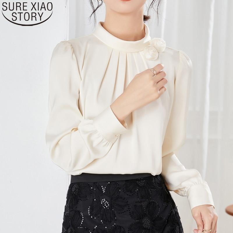 Элегантная офисная женская атласная блузка с цветочным декором, шифоновая рубашка, женские топы, осенняя одежда с воротником-стойкой и длинными рукавами 23174