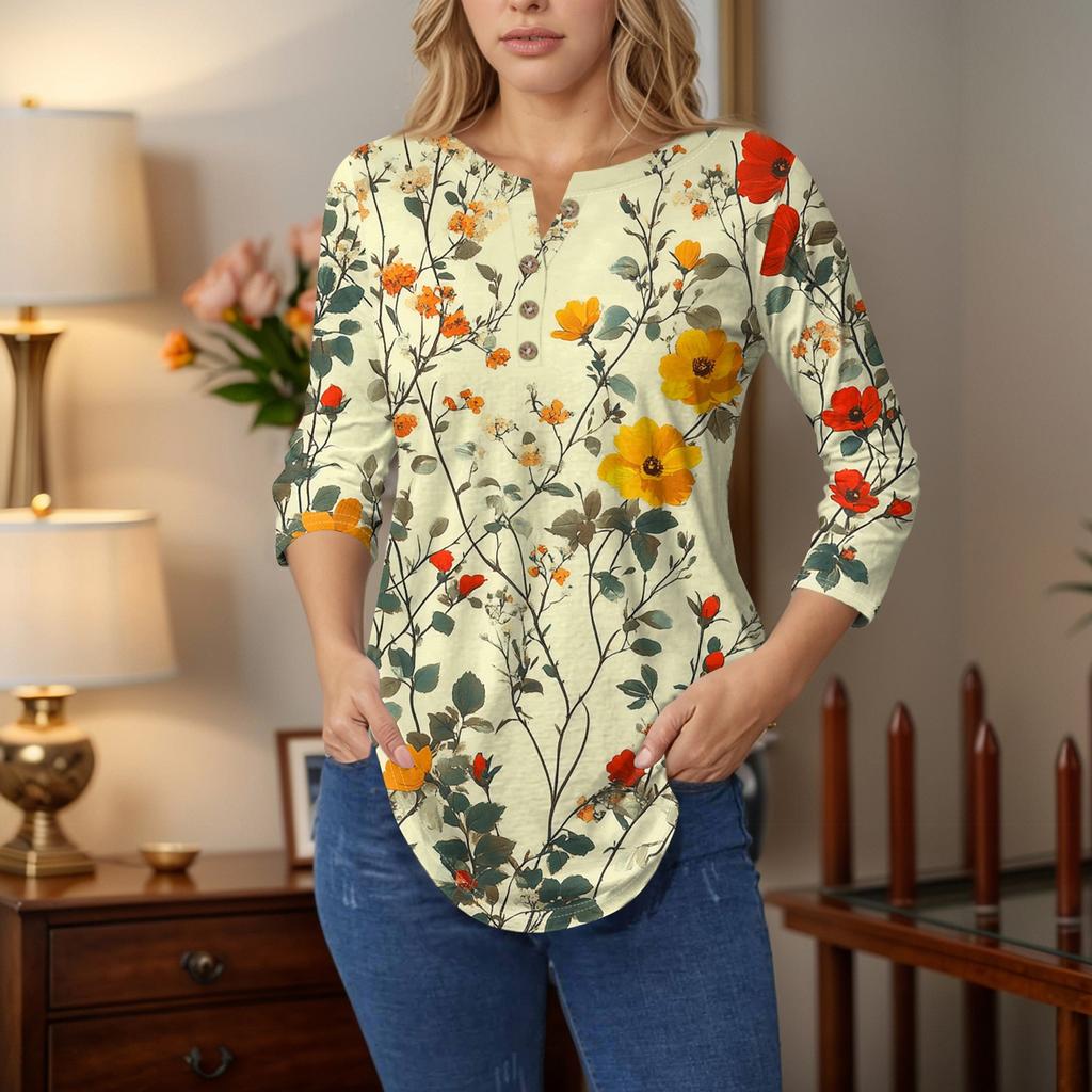 3/4 Length Sleeve Womens Tops Summer T-Shirts Floral Print V Neck Casual Basic Tee Button Shirts Tunic Tops