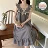 Sweet Fairy Style Plaid Suspender Nightdress with Fixed Chest Pad In Lightweight Woven Bubble Cotton