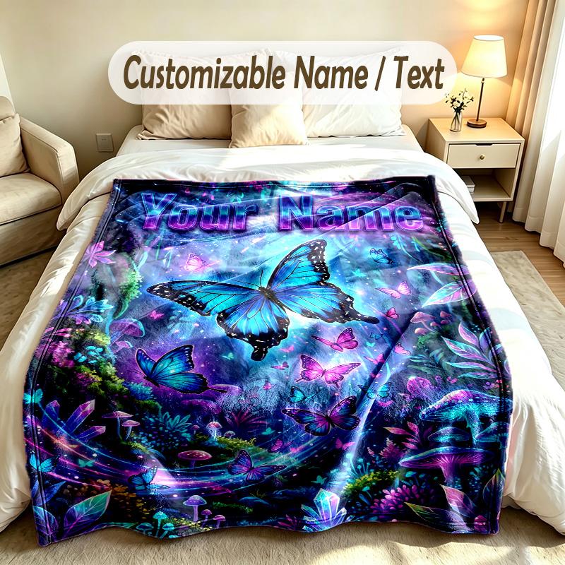 Butterfly Theme Soft Blanket Personalized Custom Name Text Print Warm Blanket Home Sofa Bedroom Decor