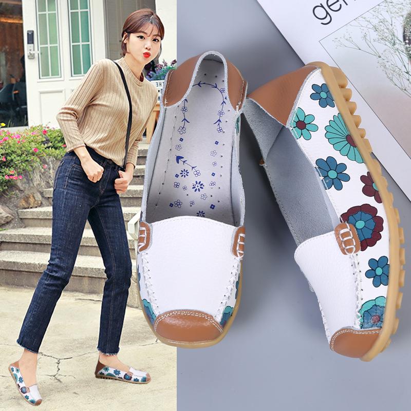 Women Shoes Ballet Summer Flower Print Women Shoes Genuine Leather Loafers Ladies Flats Shoes Woman