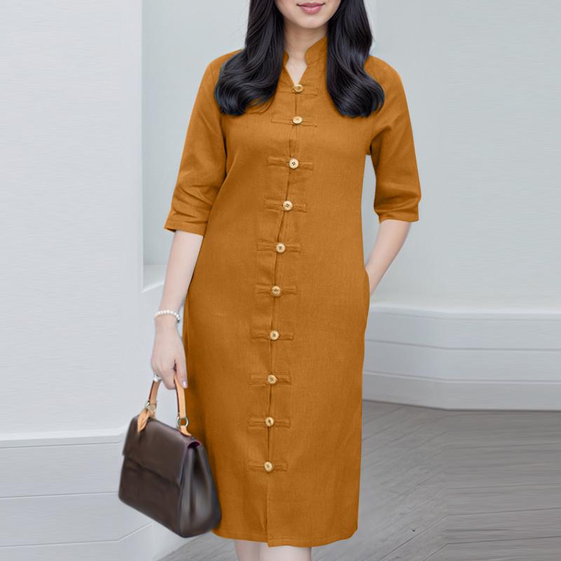 ZANZEA Women Stand Collar Casual 3/4 Sleeve Retro Sheath Dress