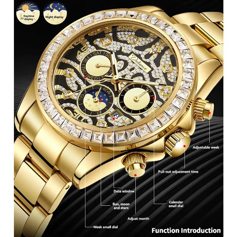 Dulunwe Мужские золотые роскошные часы с бриллиантами Tiger Texture Moon Phase механические автоматические часы ретро татуировка циферблат наручные часы из нержавеющей стали