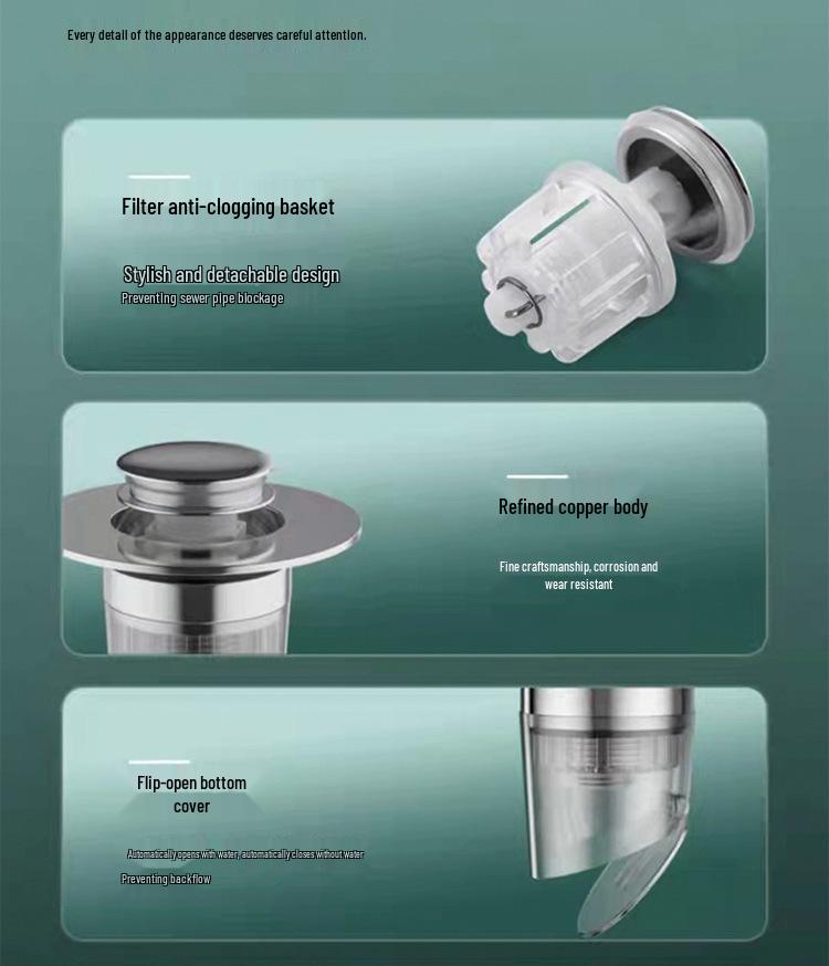 Универсальный всплывающий стопор из меди: Дезодорирующий фильтр-сетка для слива раковины для мытья рук и посуды, предотвращающий засорение