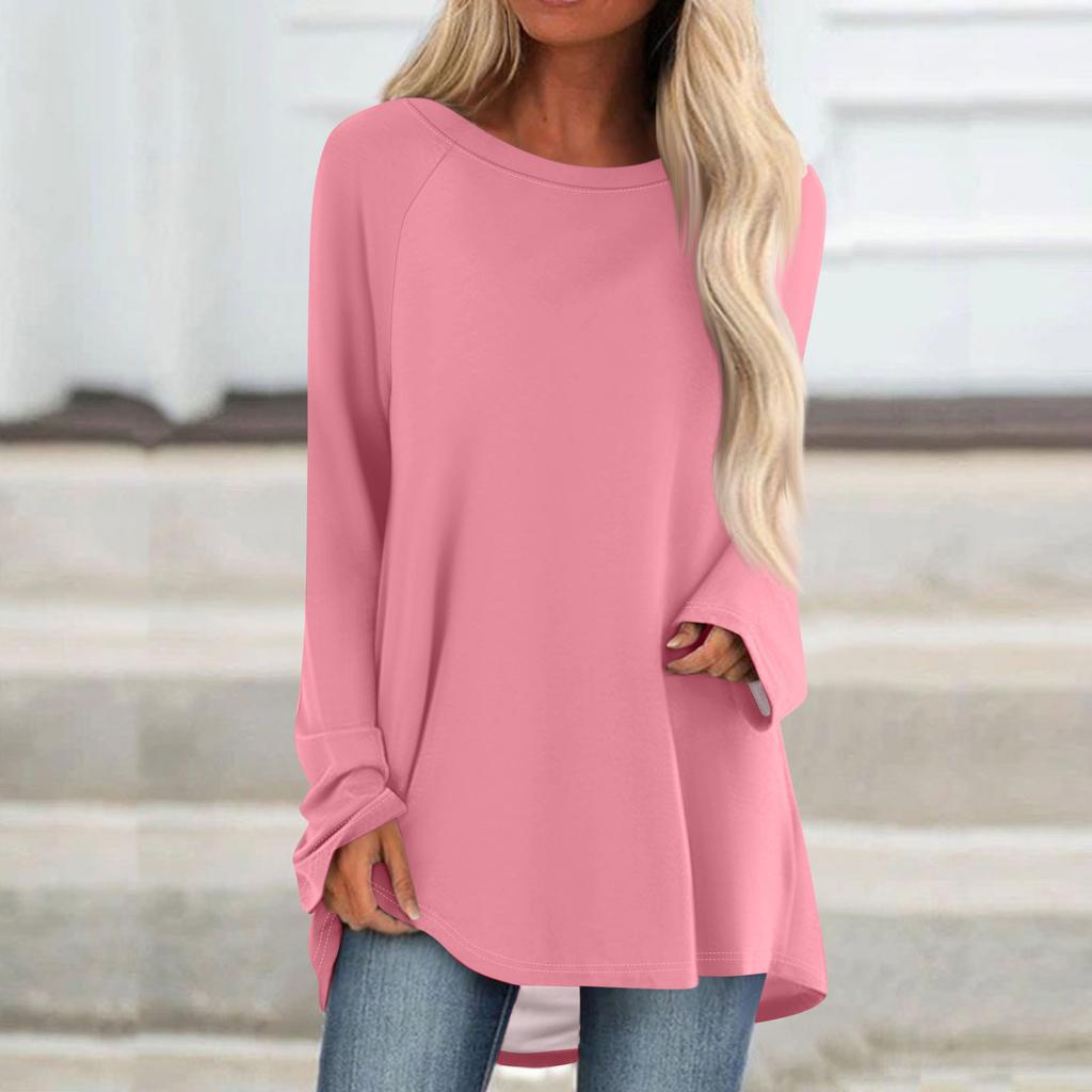Women's Fashionable Loose Mid-length Round Neck Pullover Solid Color Raglan Sleeves Long-sleeved Casual Top
