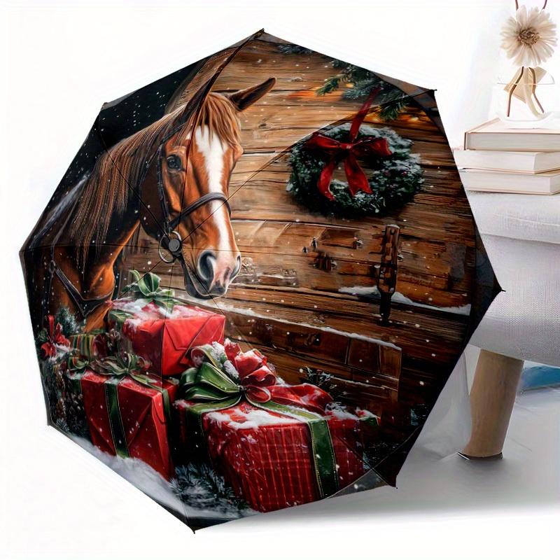 Holiday Horse Scene Automatic Folding Umbrella Festive Gift For Friends And Familyt161