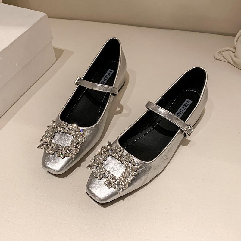 Туфли Мэри Джейн женские весна 2025 новые французские стразы квадратная пряжка модные одинарные туфли квадратный носок толстый каблук высокие каблуки женские