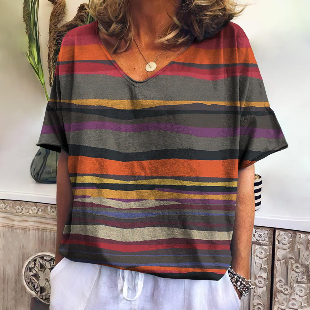 Summer Women's T-shirt Landscape V-neck T Shirt Ladies Fashion Short Sleeve Tops Retro Streetwear Fashion Clothes Female Casual