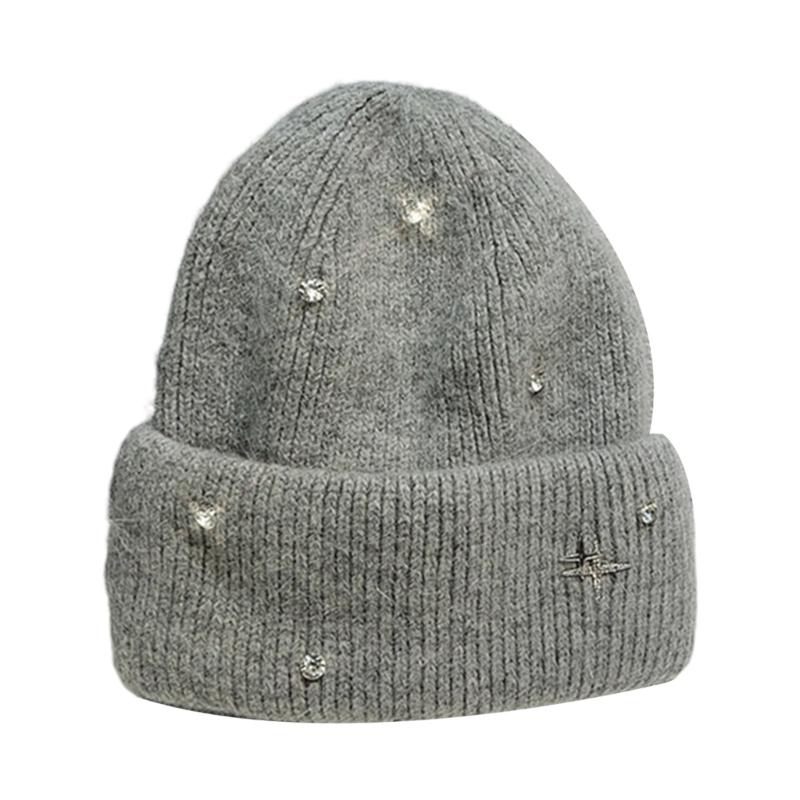 Acrylic Fibre Knitted Brimless Hat with Rhinestones Decors Winter Warm Skull Cap For Women Teens Girl Daily Outfit
