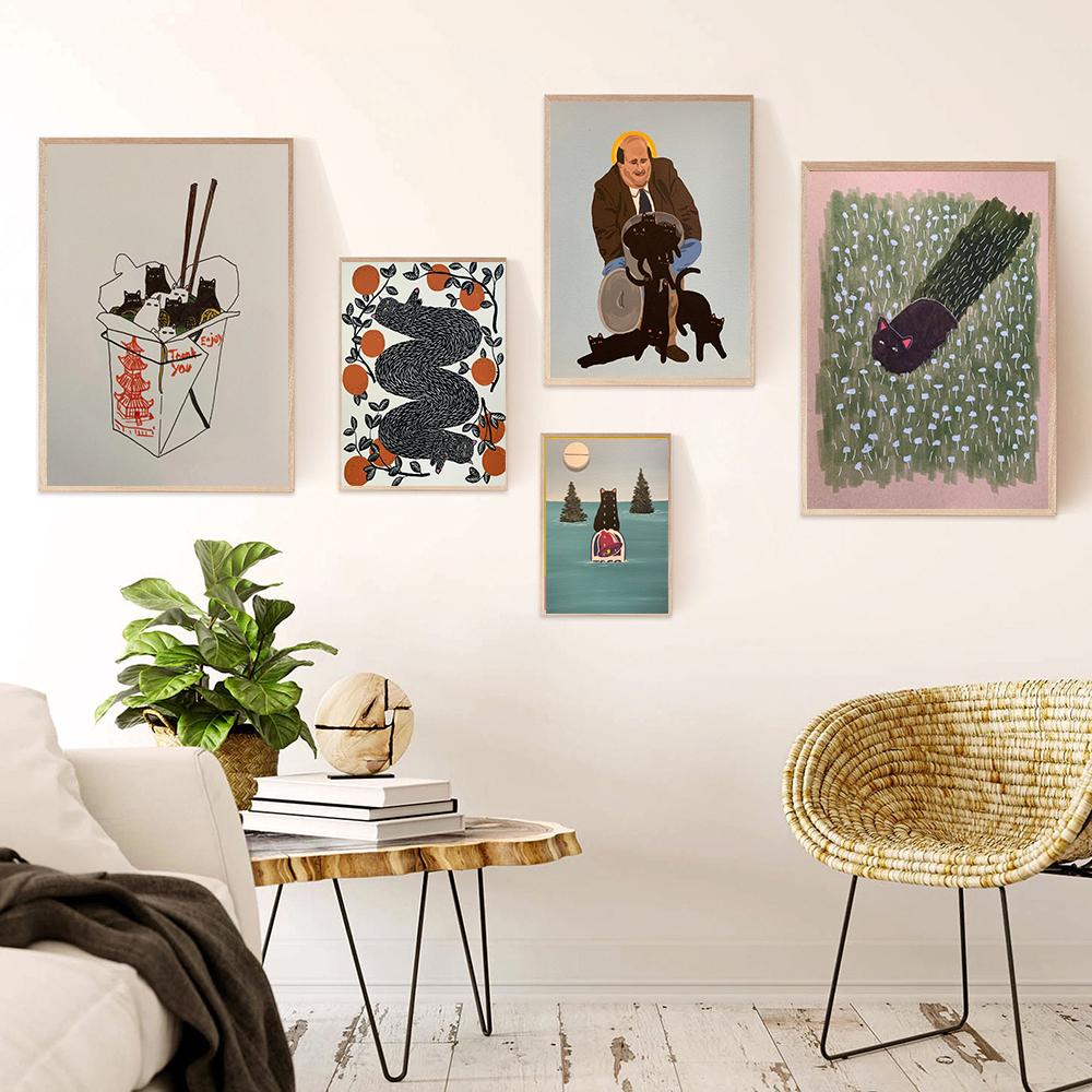 Винтажный абстрактный плакат с черным котом, четыре сезона, цветочная еда, кошачий принт, настенная картина, веселая ванная комната