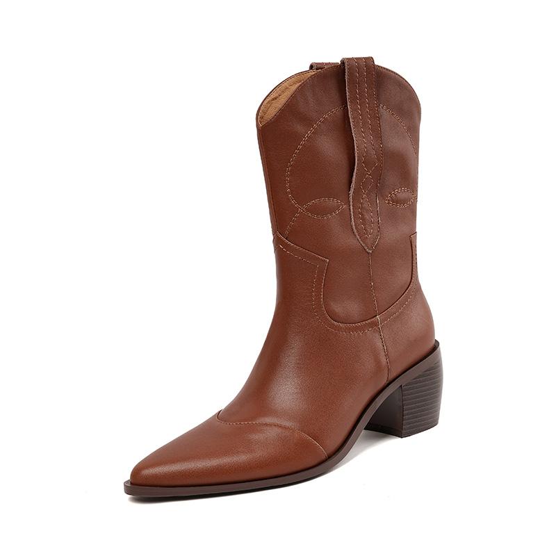 Осенние сапоги Женские джинсовые туфли для женщин Натуральная кожа Острый нос Женские сапоги на толстом каблуке Джинсовые сапоги до середины голени Зимние сапоги