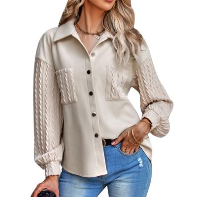 Женская флисовая куртка с отложным воротником на пуговицах, вязка косами, длинные рукава-фонарики, нагрудный карман, верхняя одежда