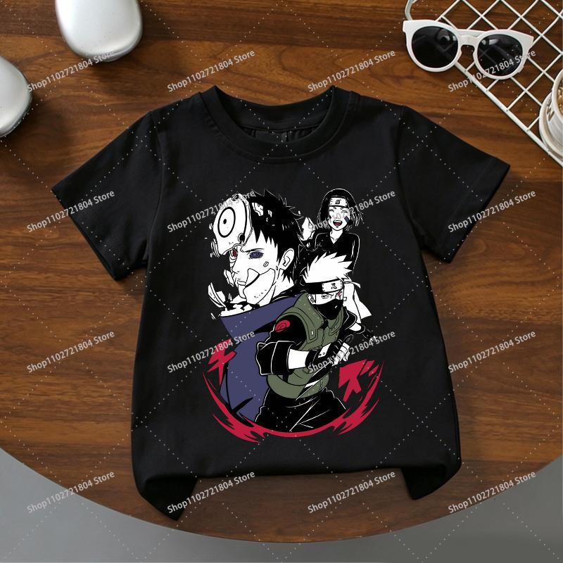 NARUTO Kawiai Black Tshirts for Boys Girls Anime Cartoon Printed Shortsleeved Top Children Summer Fashion Cute Tshirt Gifts