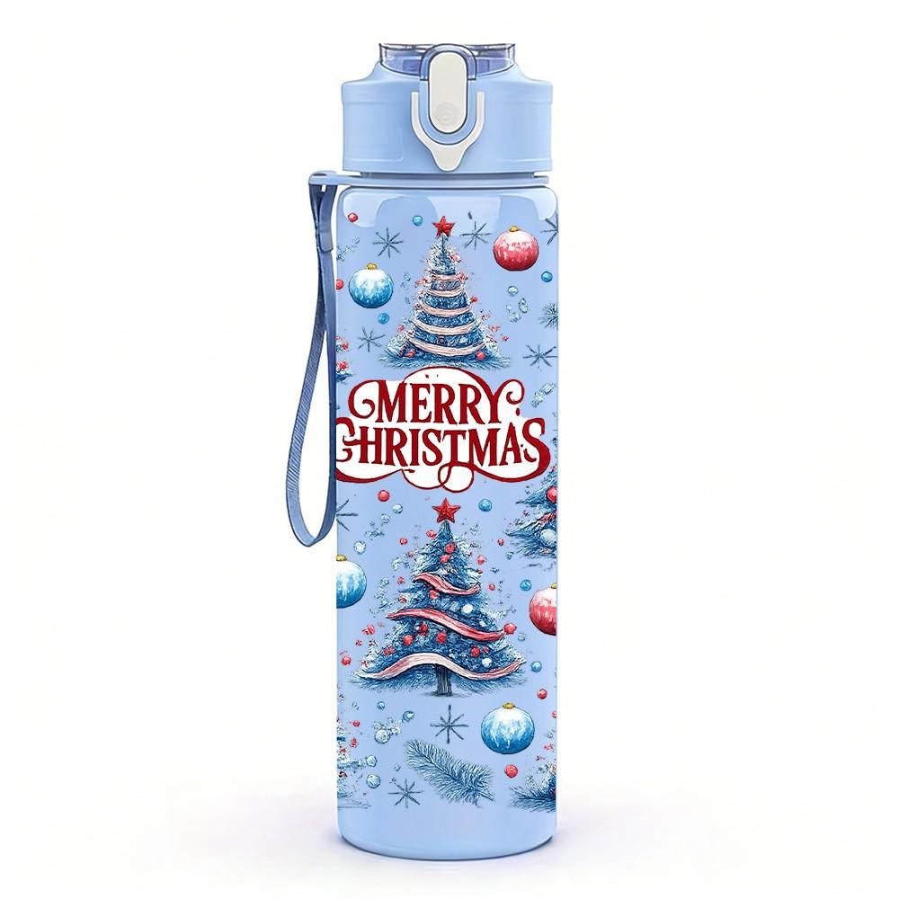 1PC Blue Snow Pine Christmas Tree 750ml Color Plastic Sports Water Bottle Leakproof Flip Straw Lid Suitable for Sports Office Home Use