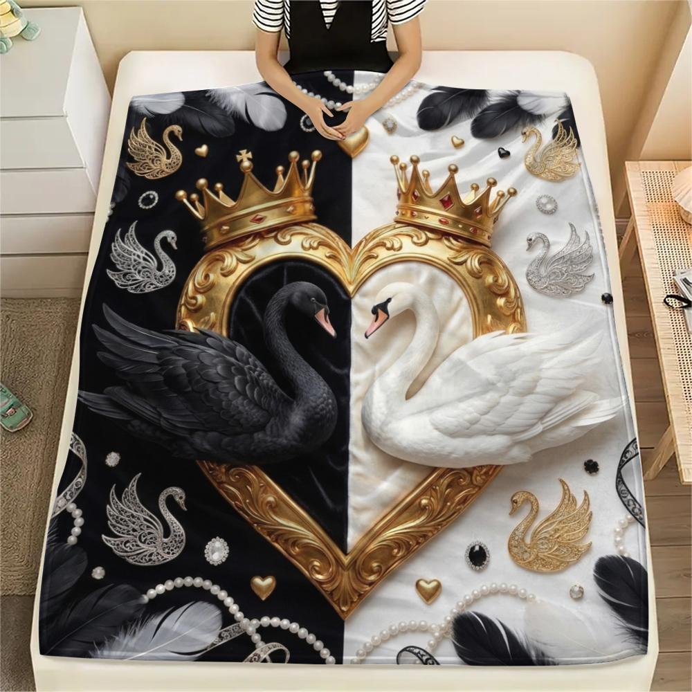 1Pc Black&White Swan Print Flannel Blanket, High quality Comfortable for All Seasons, Home Decor, Warmth and Comfort, Perfect for Christmas Gifts W33
