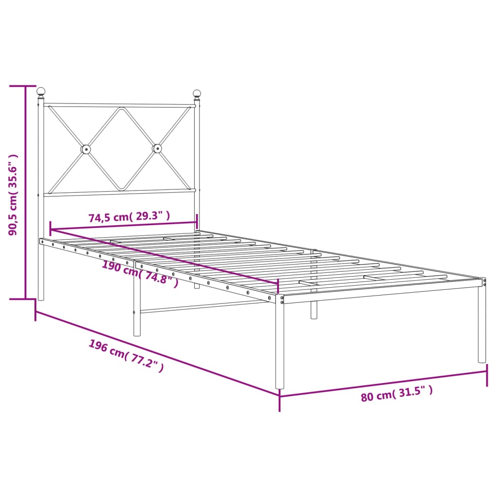 Metal Bed Frame with Headboard Black 75 x 190 cm