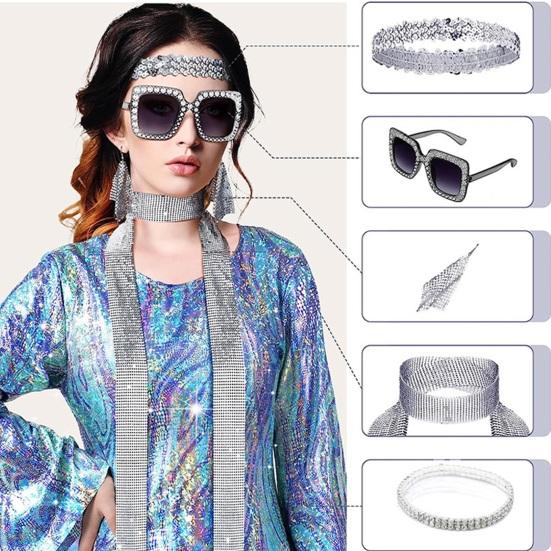 5 Pcs/Set Women Jewelry Set Sequin Rhinestone Decor Vintage 60s 70s Disco Party Favors Cosplay Earrings Sunglasses Bracelet Headband Scarf Set