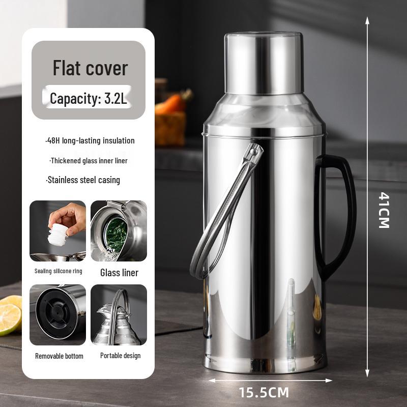 Large Capacity Stainless Steel Insulated Hot Water Bottle with Glass Liner - Old-fashioned Tea Pot for Home, Dorm, or Commercial Use