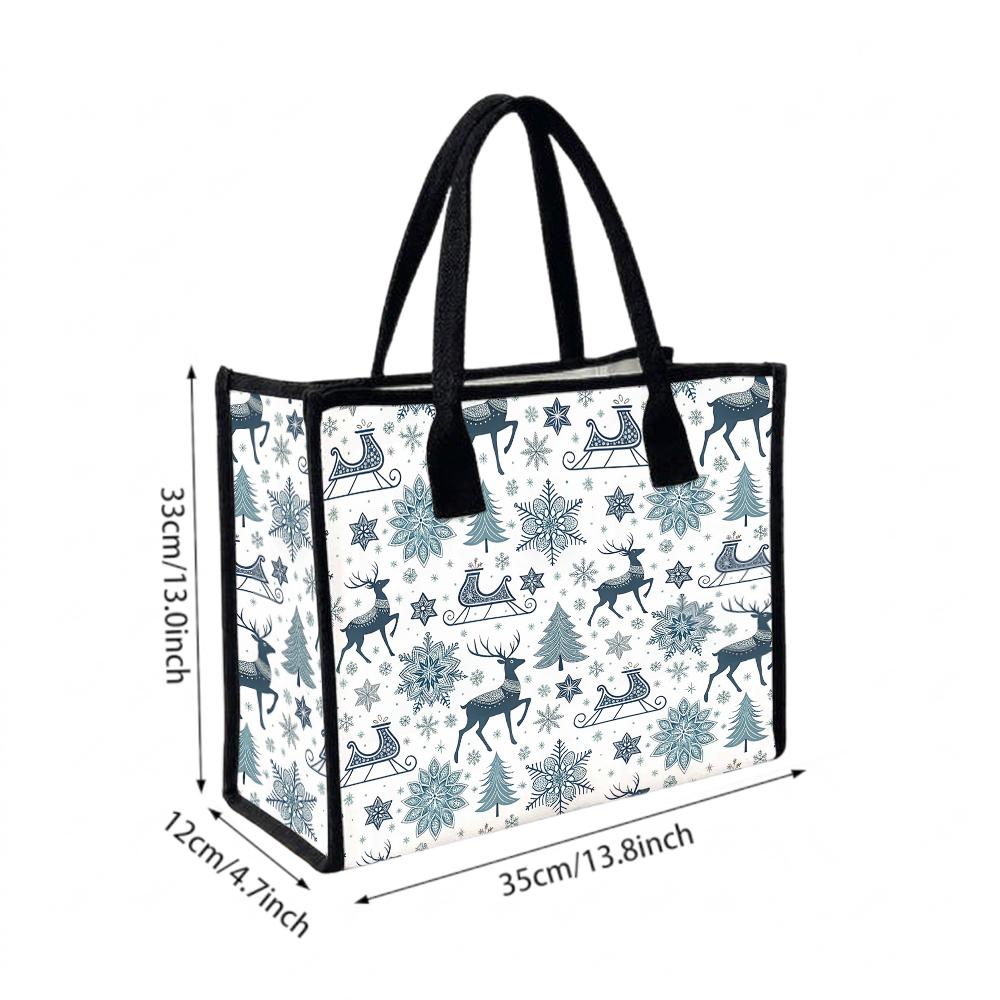 Winter Reindeer Snowflake Pattern Tote Bag Casual Portable Large Capacity Daily Grocery Shopping Shoulder Handbag