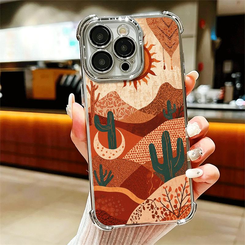 Cactus Pattern Plating Phone Case For Iphone 16 17 Pro Max Air 16E 14 15 Plus 12 13 Mini Anti-Fall Airabag Cover