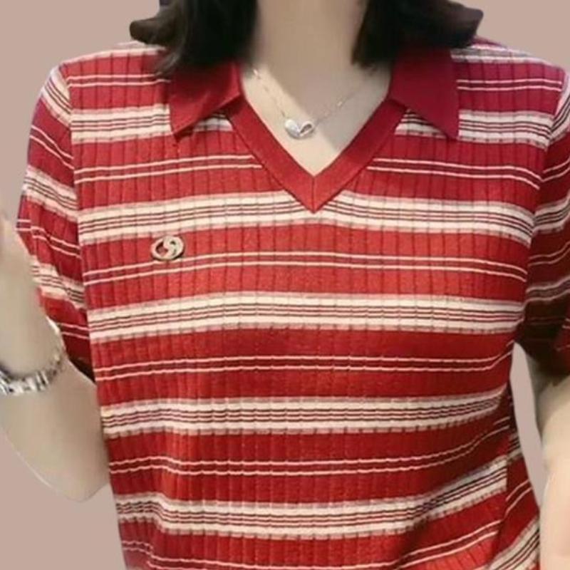 Футболка с короткими рукавами для женщин, новые популярные летние повседневные универсальные топы для мам, модная полосатая рубашка-поло, замедляющая старение