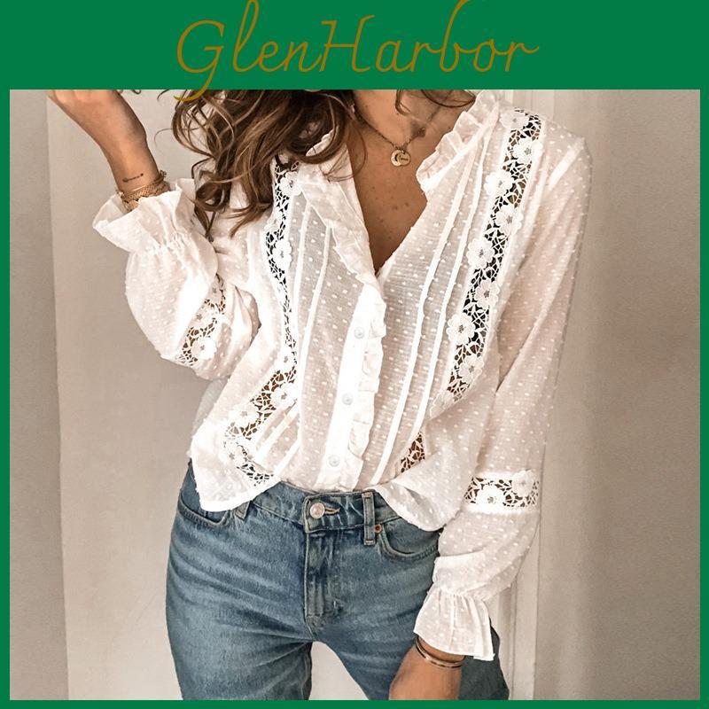 Women Fashion Lace White Elegant Shirt Spring Summer Plus Size Hollow Out Casual Loose Blouse Office Ladies Sweet Long Sleeve Tops Stand Colllar Tops