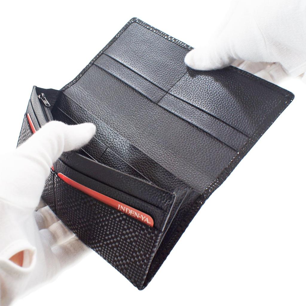 [Inden-ya] Инден Длинный кошелек, средний, с монетницей, оленья кожа, черный с черным лаком, мелкий клетчатый узор, 2109-01-167