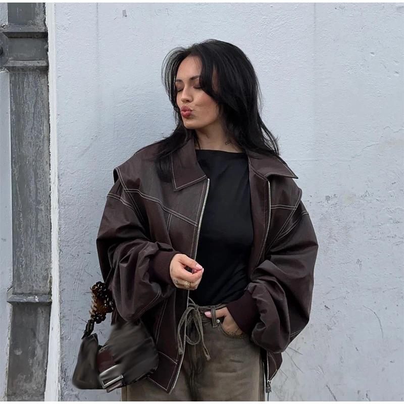 Повседневная свободная куртка женская мода рукав-фонарик лацкан кожа женские пальто осень уличный большой размер шикарные женские куртки