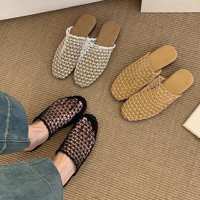 Ретро новые сетчатые полые дышащие прохладные тапочки рыболовная сеть плетеная сумка голова полушлепки плоские мюли римские сандалии